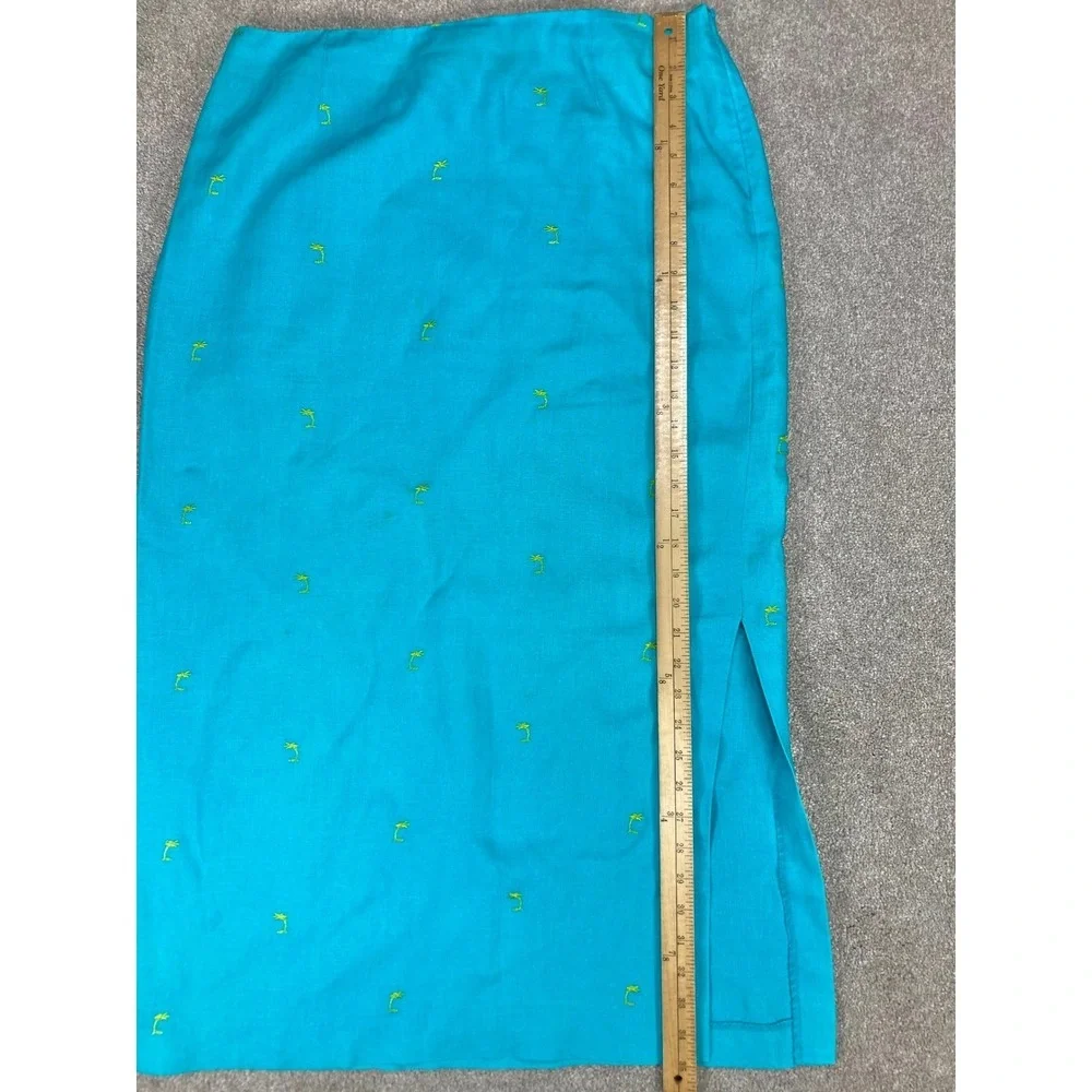 David Brooks VTG Linen Embroidered Midi Skirt Womens 14 Blue Summer Coastal Chic